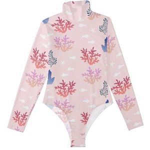 LI ZHI XIN Rompertjes met lange mouwen voor dames, eendelige jumpsuit met hoge hals, coltrui, turnpakje, top voor meisjes, dans, workout, fitness, body met zeewier, koraalpatroon, Meerkleurig, S