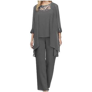 Dames Casual Baggy Set 3-delige Outfits Open Vesten & Kant Chiffon Mouwloze Tops & Brede Pijpen Broek Dames Mode Set, Grijs, XL