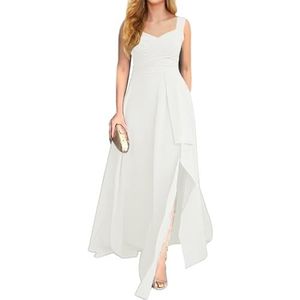KURFACE Chiffon bruidsmeisjesjurk met split geplooide mouwloze lange avondjurk voor dames, Wit, 32