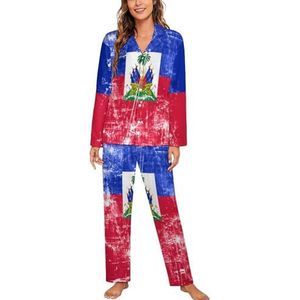 Vintage Haïti Vlag Vrouwen Lange Mouw Button Down Nachtkleding Zachte Nachtkleding Lounge Pyjama Set S