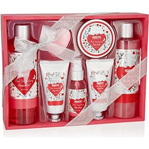 BRUBAKER Cosmetics 8-Delig Bad en Douche Set Aardbei Sweet Love in Deco Houten Mandje - Verzorgingsset Cadeauset met Bloemen Design - Roze