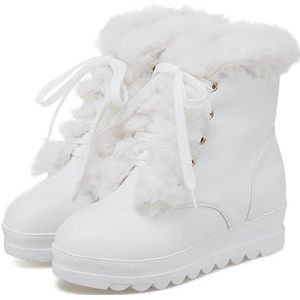 Winter Pluche Revers Enkellaarzen Dames Korte Veterlaarzen 6 Cm Enkellaarzen Met Sleehak Warme Pluche Gevoerde Snowboots PU Lederen Enkelschoenen for Buiten, Feest (Color : White, Size : 42 EU)