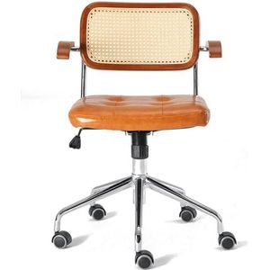 Rotan computerstoel, middenrugleuning bureaustoel voor thuiswerk woonkamer, retro draaibare bureaustoel ergonomische gestoffeerde fauteuil met PU-stille wielen (kleur: geel, maat: 56 x 56 x 54 cm (22