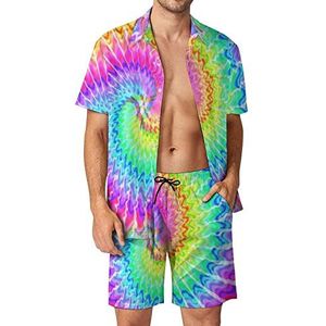 Tie Dye Rainbow Kleurrijke Hawaiiaanse bijpassende set voor heren, 2-delige outfits, button-down shirts en shorts voor strandvakantie