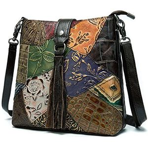 Dames vintage patchwork schoudertas, retro bloem reliëf lederen crossbody tas tas, casual medium handtas voor dame, Meerkleurig, Medium