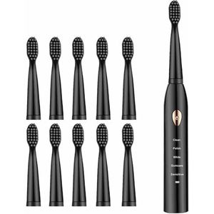 Oplaadbare Elektrische Tandenborstel, Draadloos Opladen Tandenborstels Met 10 Borstelkoppen, 5 Modi 2 Minuten Slimme Timer 8 Uur Snel Opladen (Color : Black)