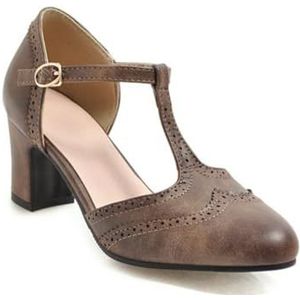 Dames Mid Block Heel T-Strap Brogue Pumps Mary Janes Uniform Office Dress Platform Shoes for Ladies,Bruin,38 EU
