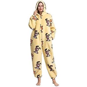 BUJNIE Pyjama Dames Pyjama Set Een Stuk Hooded Jumpsuits Cartoon Volwassen Onesies Hooded Warm Homewear Rits Nachtjapon - Katten En Honden, XL