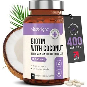VitaBright Biotin Hair Growth Vitamins | 12000mcg | 400 D-Biotin Tablets with Coconut | Vegan Hair Vitamins for Women and Men | High Strength | Vitamin B7
