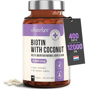 VitaBright Biotin Hair Growth Vitamins | 12000mcg | 400 D-Biotin Tablets with Coconut | Vegan Hair Vitamins for Women and Men | High Strength | Vitamin B7
