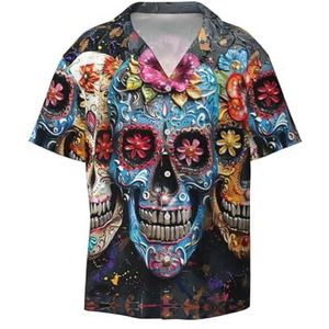 OdDdot Sugar Skulls Print Heren Overhemden Atletische Slim Fit Korte Mouw Casual Business Button Down Shirt, Zwart, 4XL