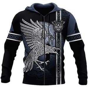Noorse Odin's Crow Tattoo Viking Hoodie, Heren 3D Digital Compass Print Zipper Pullover Jacket, Unisex Herfst Casual Plus Size Sweatshirt Met Lange Mouwen S-5XL
