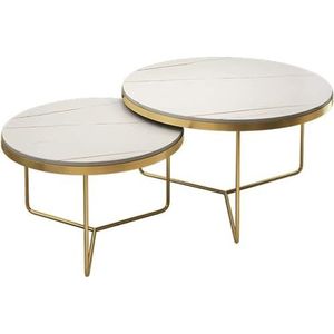 JAVPTAV Kamer koffie tafel ronde moderne nestelen salontafels set van 2, stapelkamer accenttafels met marmeren textuur en metalen frame, cirkel bijzettafel (kleur: wit, maat: 45 x 37 cm + 60 x 45 cm)