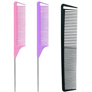 3 Stks Rat Staart Kam Afscheiding Kam voor Vlechten Kapper Styling Kammen Koolstofvezel Plagen Kammen Rvs Pintail Kam voor Vrouwen Mannen Fijne Tanden Salon Kappers Haarverzorging Gereedschap