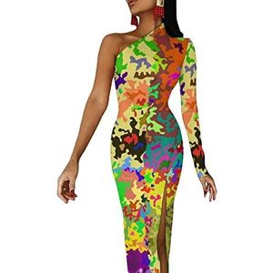 Kleurrijke Camouflage Dames Halve Mouw Jurk Avondfeest Lange Jurken Cocktail Split Bodycon Jurk L