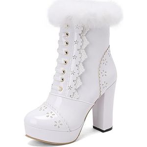 2023 Nieuwe Enkellaarsjes Met Pluche Revers Elegante Enkellaarsjes for Dames Met Ruches Sexy Korte Laarzen Met Blokhak Platform PU Lederen Laarsjes Winter Enkelschoenen for Feest (Color : White, Siz