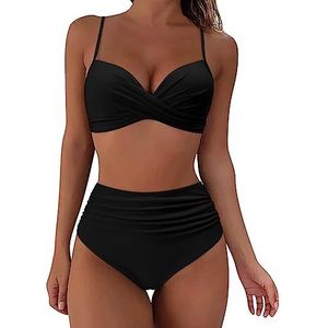 TOEECY 2-delig damesbadpak, V-hals, geplooid, gekruist, bikiniset, push-up, hoge taille, elegant, shorty, tweedelig, strandkleding, tankini, zwemkleding, Zwart, S