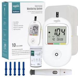 EUROPAPA - BG-710 - Bloedglucosemeter - Wit - Diabetesset met 10 Bloedsuikerteststrips en 10 Bloedlancetten