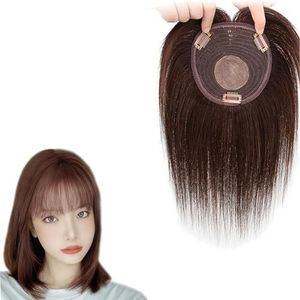 Vrouwen Haartoppers Met Pony, 100% Echt Menselijk Haarstukken, 13 X 13cm Zijden Basis Clip In Toppers Toupetje, Dames Natuurlijke Bruine Haarverlenging For Dunner Wordend Haar (Size : 8 inch)