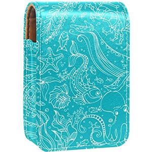 Ocean Whale Octopus Blue Tortoise Draagbare Lipstick Case voor op reis, Mini Lipstick Opbergdoos met spiegel voor vrouwen dames, Lederen Cosmetische Pouch, Meerkleurig, 9.5x2x7 cm/3.7x0.8x2.7 in