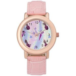 Cat Ice Creams & Unicorn Horses Dames Lederen Band Horloge Quartz Horloges Gemakkelijk te lezen Custom Gift voor Dames