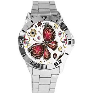 Goud-Paars Vintage vlinders en bloemen Design Analoge Polshorloge Quartz Zilveren Wijzerplaat Klassieke Roestvrij Stalen Band Dames Heren Horloge