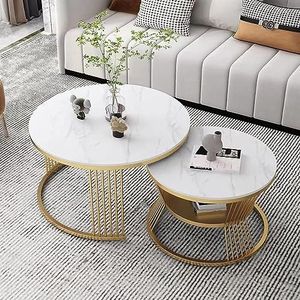 Nesting salontafel set van 2 moderne ronde accenten bijzettafel sofa tafel met opbergplank stapelen salontafel met gesinterde stenen leisteen top metalen frame voor kleine ruimte, woonkamer (kleur: