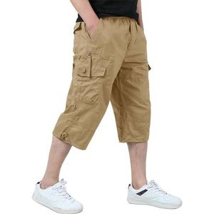 Kefitevd 3/4 herenbroek, cargo shorts, bermuda shorts in katoen met meerdere zakken, korte zomerbroek, werkbroek, casual, kaki, 36