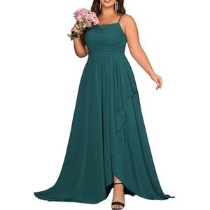 KURFACE Chiffon bruidsmeisjesjurk met split geplooide A-lijn bruidsmeisje formele avondjurk, Pauw, 34