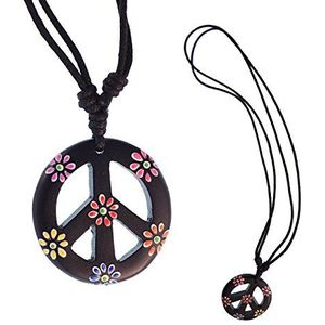 CHICNET® Houten ketting Sono hout Peace hanger zwart bloemen kleurrijk 33 mm verstelbaar katoen hippie, Hout, Geen edelsteen