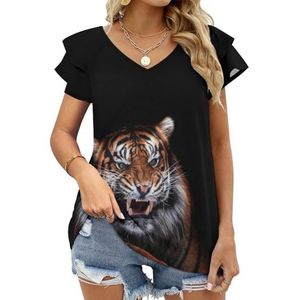 Sumatraanse tijger portret grafische blouse top voor vrouwen V-hals tuniek top korte mouw volant T-shirt grappig