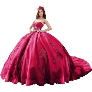 Fuomomo Quinceanera Prinsessenjurk met ruches en staart Quinceanera jurk van tule met parels schattige jurk 16 MT052, Bessen, 36
