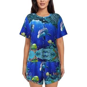 JIAWUJYNB Underwater World Fish Dolphi print dames pyjama set korte mouwen pyjama set - comfortabele korte sets, mouwen nachtkleding met zakken, Zwart, M