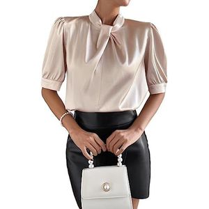 dames topjes Satijnen blouse met gedraaide voorkant en pofmouwen (Color : Apricot, Size : XL)