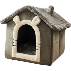Opvouwbaar hondenhuis for katten en kleine honden, ingesloten, warm pluche slaapnestbed met afneembaar kussen, binnenhuisdierengrotbedtent (Color : GY, Size : M-48x40x39cm)