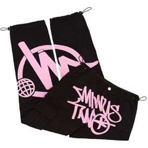 Y2k Jeans Heren Grunge Hip Hop Baggy Broek Heren Minus-Two-Cargo Y2k Jeans Denim Zwarte Broek Harajuku Hip Hop Gothic Broek met wijde pijpen Streetwear(Color:Black - Pink,Size:S)