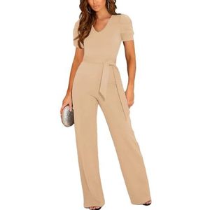 Tdvcpmkk Jumpsuit voor dames, zomer, vetersluiting, hoge taille, V-hals, korte mouwen, kantoor, jumpsuit, Abrikoos, M