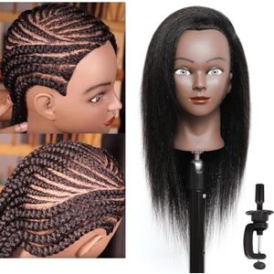 Ineffable Trainingshoofd, etalagepophoofd met echt haar, poppenhoofd met haar, 100% echt haar, etalagepophoofd, poppentrainingskop met vrije klemhouder (C14)