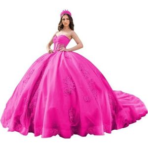 Fuomomo Quinceanera Prinsessenjurk met ruches en staart Quinceanera jurk van tule met parels schattige jurk 16 MT052, Magenta., 50/grote maten