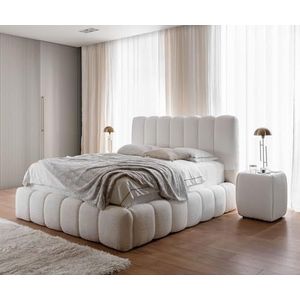 FURNISTAR Chloe gestoffeerd bed met bedlade, tweepersoonsbed 120x200, tweepersoonsbed met opbergruimte en lattenbodem, boxspring-look, zonder matras, slaapkamer - lichtcrème