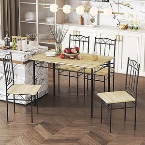 JAZZLYN Eettafelset met 4 stoelen, meubelset voor eetkamer, keuken, woonkamer, beuken gevlamd + zwart frame