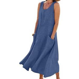 HHuiXinXue Mouwloze maxi-jurk voor dames, zomer, effen kleuren, linnen, lange jurk, modieus, vloeiende, etno-jurk met zakken, Blauw, XL