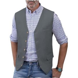 AeoTeokey Linnen vest voor heren, zomerpak, vest, V-hals, lichtgewicht, casual vest, normale pasvorm, Grijs, XL