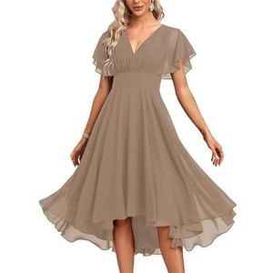 Chiffon bruidsmeisjesjurken voor dames, korte avondjurken, cocktailjurken, grote maten, Taupe, 32