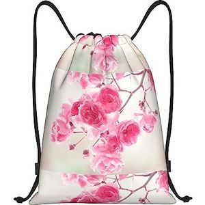 Ousika Roze Bloemen Gedrukte Drawstring Rugzak Bag Waterbestendig Lichtgewicht Gym Sackpack voor Wandelen, Zwart, Medium