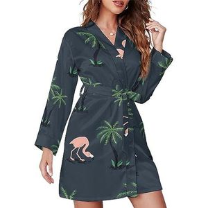 Roze Flamingo Vogels En Palmbomen Vrouwen Badjas Sjaal Kraag Loungewear Spa Badjas Lange Mouw Pyjama S