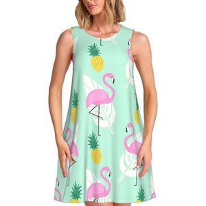 CKGODGF Roze flamingo ananas print charmante dames mouwloze knielange jurk met zakken voor feesten en vakanties, Zwart, S