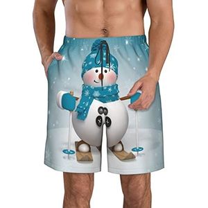 JIAWUJYNB Mooie kerst cartoon skiën sneeuw man sneeuwvlok print heren strandshorts - lichtgewicht, sneldrogend trekkoord zwembroek met zakken, Wit, M