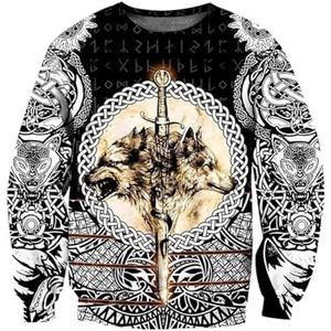 Viking Odin Raven Hoodie met Ronde Hals, Middeleeuws Valhalla Norse Warrior Pagan Cosplay Kostuum, Unisex 3D Gedrukt Rune Vegvisir Klassiek Harajuku Sweatshirt(Color:Fenrir B,Size:3XL)