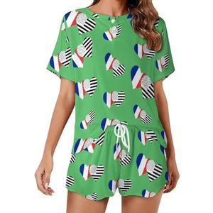 Franse en zwarte Amerikaanse vlag zachte damespyjama met korte mouwen loungewear met zakken cadeau voor thuis strand 3XL
